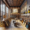 Modern musical instrument store with guitars, violins, keyboard, and drum set display