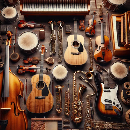 Assorted musical instruments including guitars, keyboards, violins, drums, trumpets, and saxophones.
