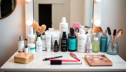 Vanity table with skincare products, makeup brushes, cosmetics palette, and beauty tools