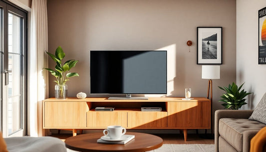 Modern living room with mid-century TV stand, large flat-screen TV, indoor plants, and sunlight