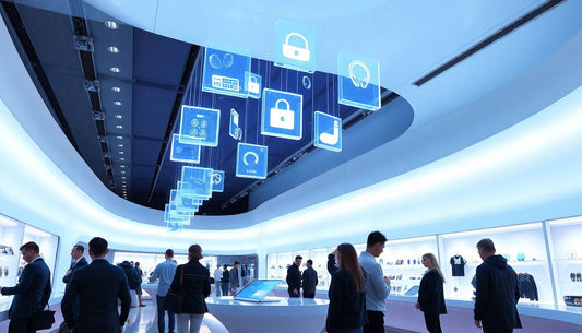 Modern tech showroom with people browsing, digital screens and futuristic blue lighting