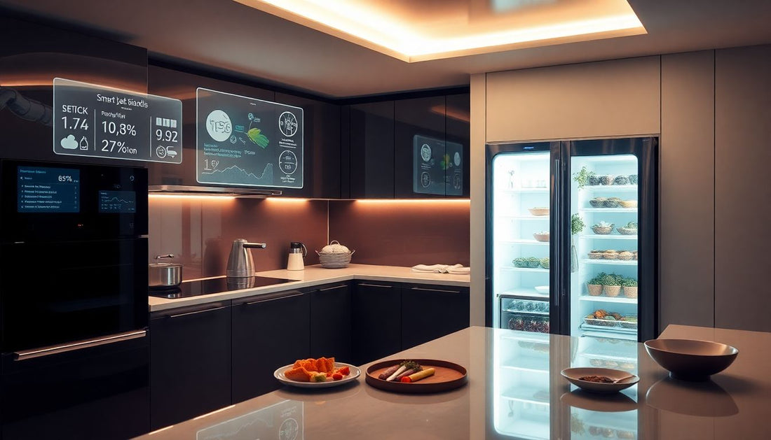 Modern smart kitchen with digital displays, open fridge, and island counter with food.