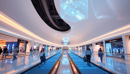 Modern airport terminal walkway with travelers and illuminated ceiling, duty-free shops visible