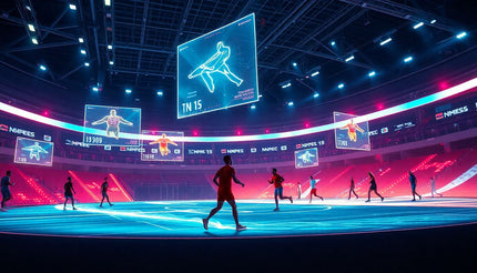Indoor stadium with athletes, digital screens, and neon lights during a tech sports event