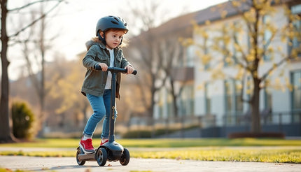 Young child wearing helmet rides three-wheel scooter in park with modern buildings