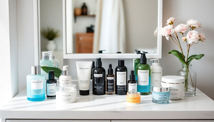 Modern bathroom vanity with assorted skincare products and pink flowers in a glass vase