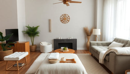 Modern living room with neutral decor, gray sofa, plants, and natural wood accents