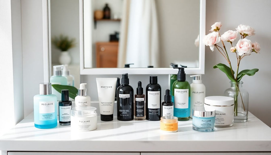 Modern bathroom vanity with assorted skincare products and pink flowers in a glass vase