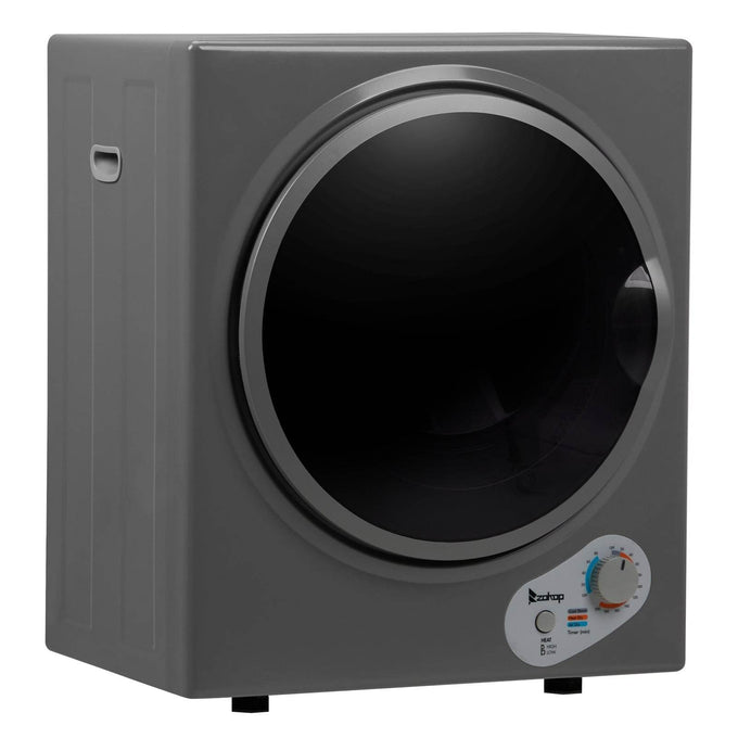 Gray compact electric clothes dryer with round door and control panel