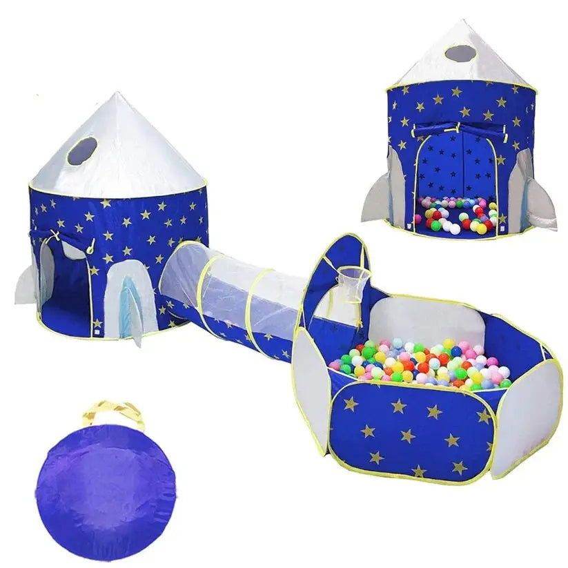 Blue star print kids play tent set with tunnel and ball pit, colorful plastic balls included