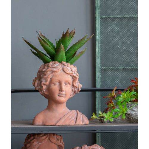 Terracotta Greek statue head planter with succulent, indoor plant decor on shelf