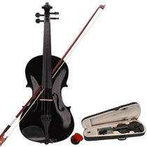 Glossy black violin with bow, rosin, and an open violin case on white background