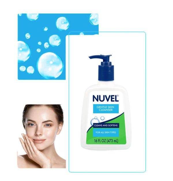 Nuvel Gentle Skin Cleanser pump bottle with bubbles and woman with clear skin