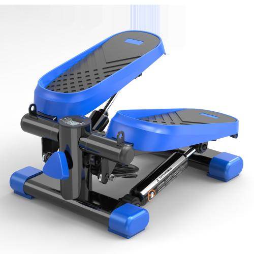 Blue and black mini stepper exercise machine with digital display on white background