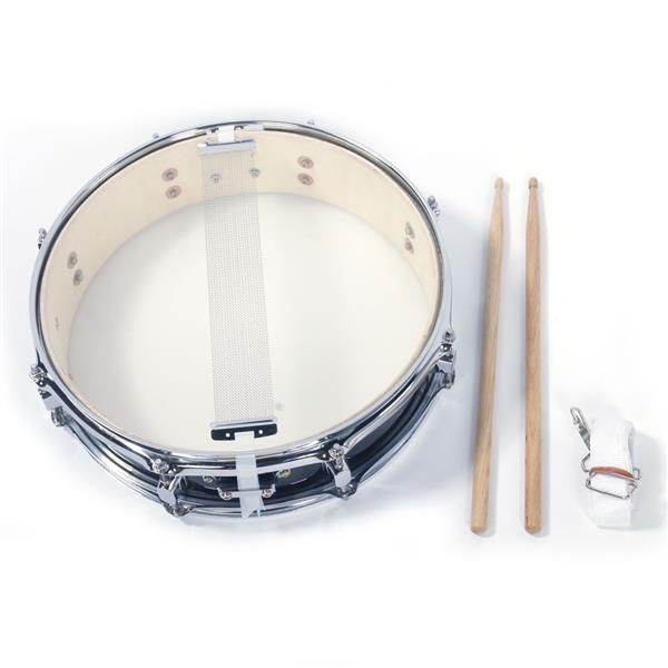Snare drum set with drumsticks and strap on a white background