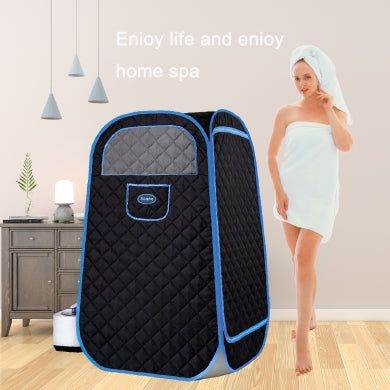 Portable sauna tent in modern home spa setting with woman in towel and relaxing decor