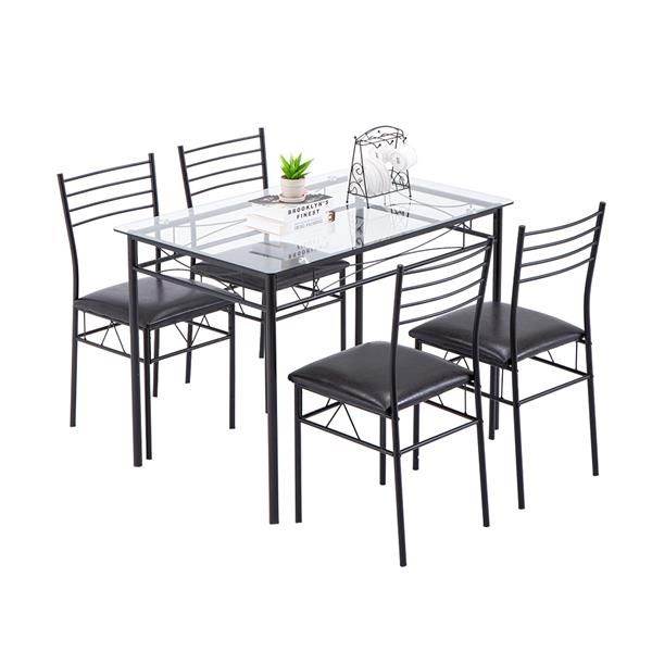 Modern black metal dining table set with four chairs and glass tabletop