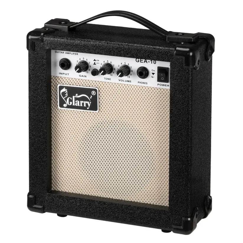 Glarry GEA-10 black guitar amplifier with mesh front and control knobs