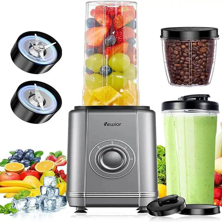 Eewior smoothie blender set with fruit, coffee beans, blades, and green smoothie