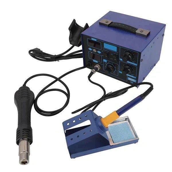 Blue soldering station kit with control unit, hot air gun, soldering iron and holder