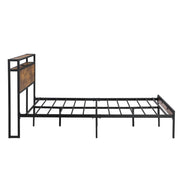 Queen Size Metal Platform Bed Frame with Wooden Headboard and Footboard with USB LINER, No Box Spring Needed, Large Under Bed Storage