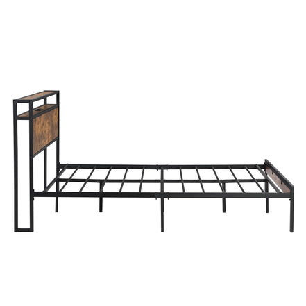 Queen Size Metal Platform Bed Frame with Wooden Headboard and Footboard with USB LINER, No Box Spring Needed, Large Under Bed Storage