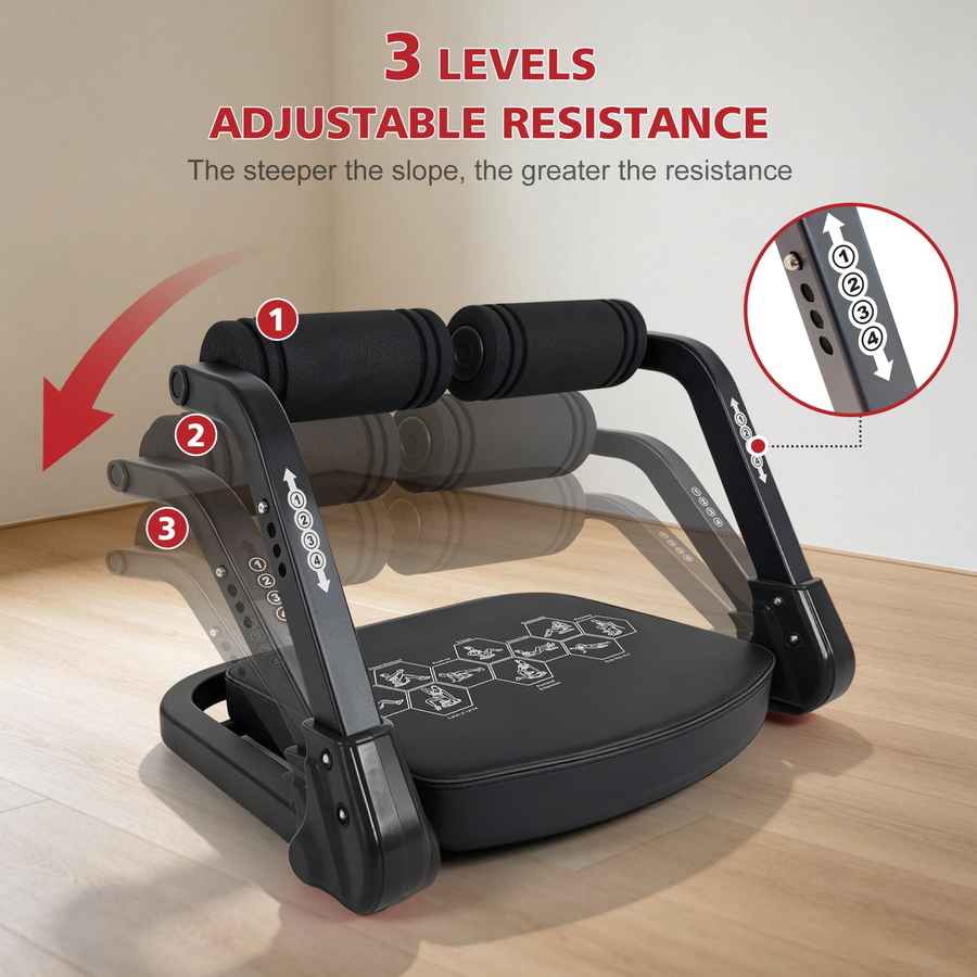 Black adjustable resistance exercise machine on a wooden floor with text indicating 3 levels of resistance.