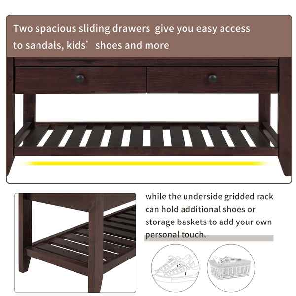 Wooden shoe rack with two spacious sliding drawers and an underneath gridded rack.
