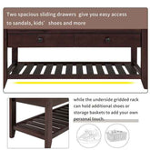 Wooden shoe rack with two spacious sliding drawers and an underneath gridded rack.