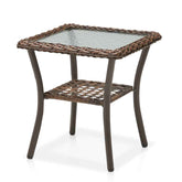 Hexagonal outdoor side table with wicker top and glass surface on a white background