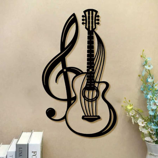 Vintage electric guitar wall art in black metal with gothic design, ideal for music studios or home decor in the novelty signs category.