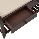 Wooden bench with an open drawer on a white background