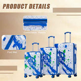 Three-piece rolling luggage set with blue and green paint splatter pattern on a white background, shown with product detail callouts including a close-up of the handle and foot mat.