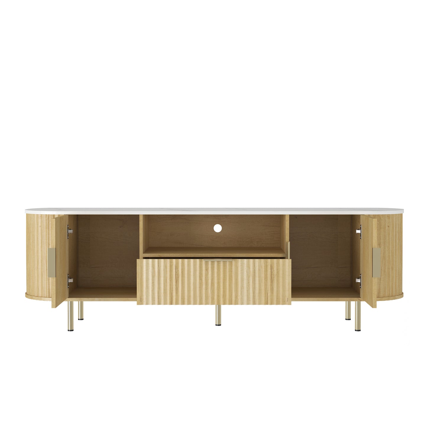 Interior view of LED TV Stand with Storage for 55+ Inch TVs showing open cabinets and drawer space for organized media storage.