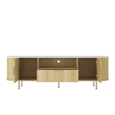 Interior view of LED TV Stand with Storage for 55+ Inch TVs showing open cabinets and drawer space for organized media storage.