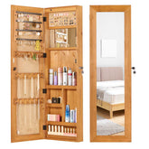 Open jewelry cabinet with organized earrings, rings, and necklaces