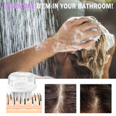 Person using a scalp massager with shower in the background, showing hair growth before and after.