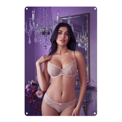 CIFbuy vintage aluminum wall art with a lingerie model against a purple backdrop. Lightweight and perfect for novelty home decoration.