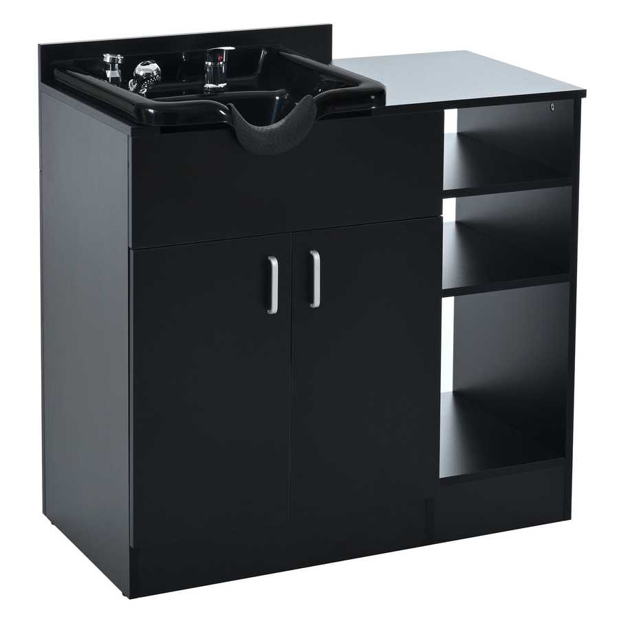 Black bathroom vanity with sink on a white background