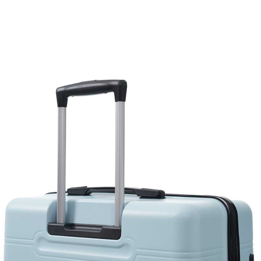 Light blue suitcase with a black handle on a white background