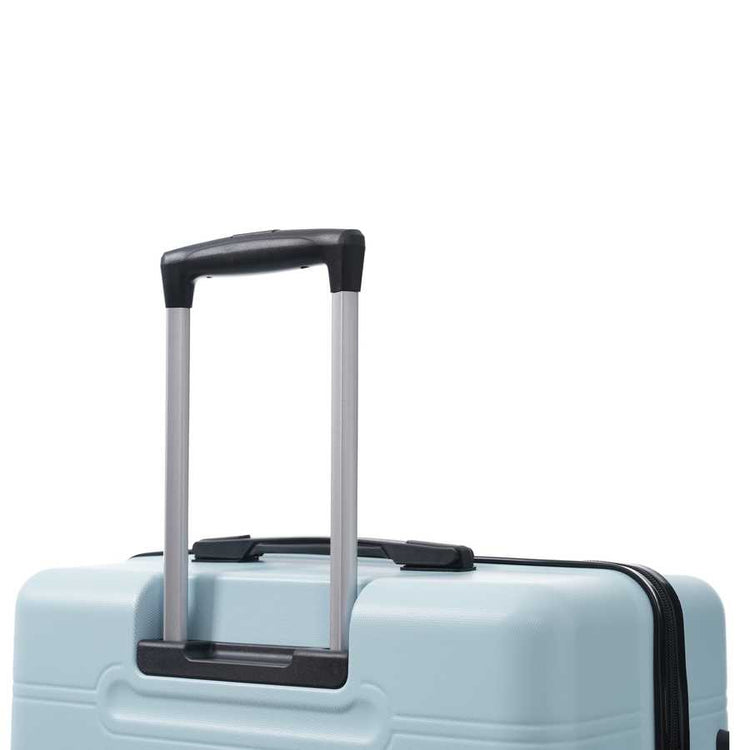 Light blue suitcase with a black handle on a white background