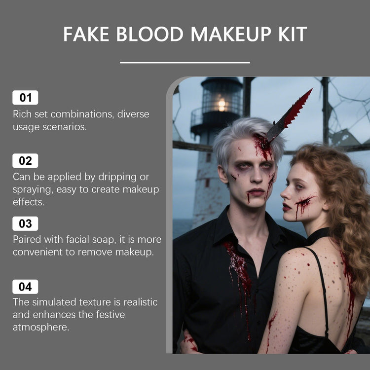 Promotional graphic for a fake blood makeup kit, featuring a dark gray background with four numbered text callouts on the left and a photo on the right of a pale man and a woman with blood splatters and a fake blood wound, with the title &