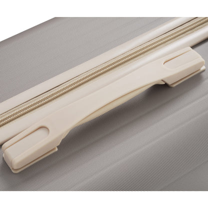 Reinforced carry handle on durable lightweight suitcase ensures easy lifting and added durability for frequent travelers.