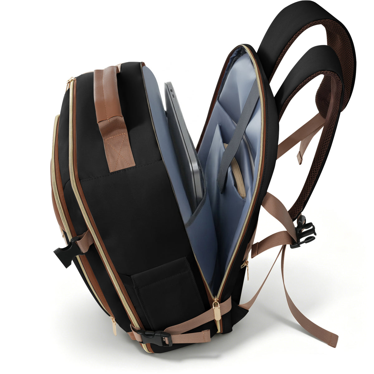 A black laptop backpack with brown accents and gold-tone zippers, shown open to display its interior layout, compartments, and padded shoulder straps against a white background.
