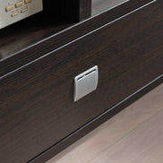 Close-up of drawer handle on modern TV Stand with Storage, showing dark wood finish and sleek silver hardware.