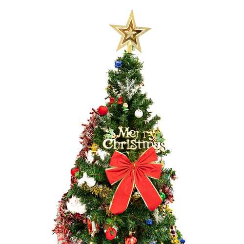 5 ft Christmas tree with ornaments and red bow on white