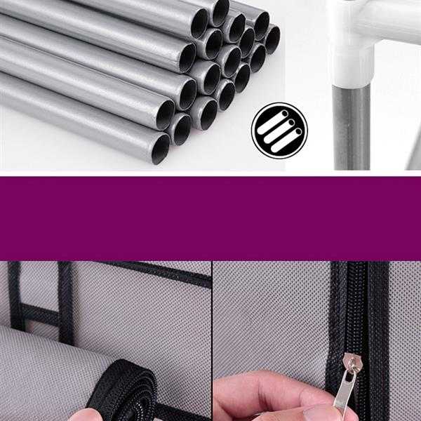 Steel tubes and zipper details of non-woven fabric shoe rack with 6 rows and 12 lattices, highlighting sturdy frame and easy access.