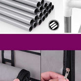 Steel tubes and zipper details of non-woven fabric shoe rack with 6 rows and 12 lattices, highlighting sturdy frame and easy access.