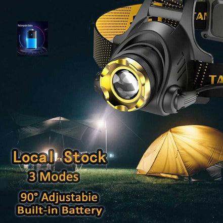 LED headlamp with 3 modes and built-in battery, perfect for camping. 90° adjustable beam for hands-free outdoor lighting.