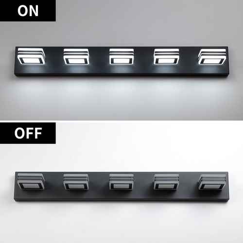 A six-light wall-mounted light bar shown in two states: ON at the top, emitting bright white light, and OFF at the bottom, turned off with no light. The fixture is matte black with silver accents on the light heads, set against a split gray and white background.